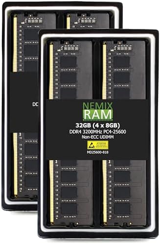 NEMIX RAM 32GB (4X8GB) DDR4 3200MHz PC4-25600 1Rx8 1.2V CL22 288-PIN Non-ECC Unbuffered UDIMM Desktop PC Memory KIT by NEMIXRAM