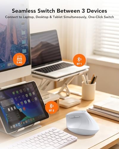 KYSONA Ergonomic Mouse Wireless, Bluetooth Vertical Mouse, 5-Level Adjustable DPI, 2.4G Silent Switch Mice for Windows, MacOS, IPadOS, Laptop, PC, White - Image 5