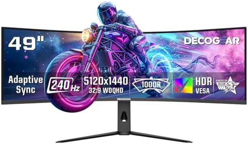 Deco Gear 49” Curved Super Ultrawide Dual QHD Monitor 5120×1440 240 Hz 1000R E-LED HDR Adaptive Sync HDMI 2.1 DisplayPort 1.4 PIP PBP Overdrive Gaming Workstation Display by DecoGearUSA