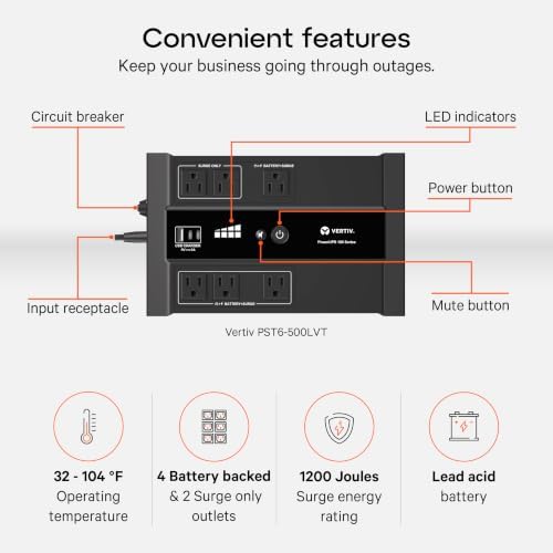 Vertiv Liebert PowerUPS 100 PST6-500LVMT Battery Backup UPS 500VA USB-C+A - Image 3