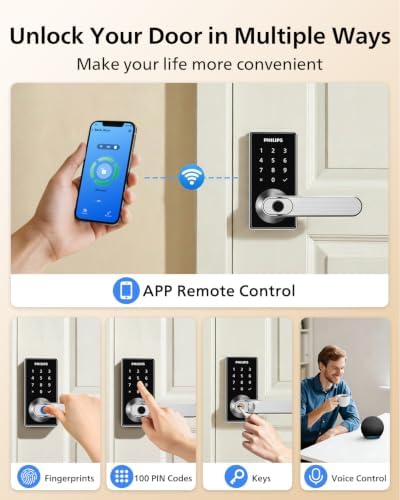 Philips Upgraded Wi-Fi Smart Lock with Handle, Keyless Entry Door Lock, Smart Door Knob, Fingerprint Unlock, App Remote Control, Auto-Lock, Keypad Deadbolt with Lever for Bedrooms, Office, Front Door - Image 5