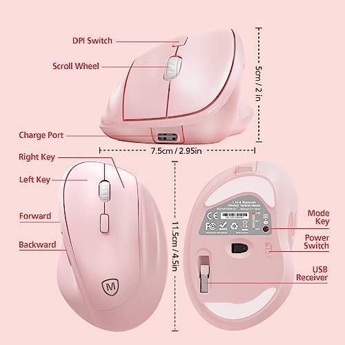 Micropack Wireless Bluetooth Mouse Ergonomic Vertical for Laptop MacBook PC Tablet Rechargeable Silent Click Multi-Device 3-Mode 2.4G Adjustable DPI Compatible with Windows Android iOS MacOS Pink - Image 6