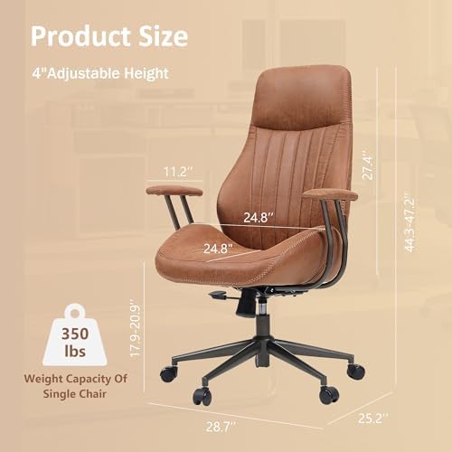 High Back Home Office Chair, Mid Century Vintage Executive Chair,Comfy Ergonomic Rolling Office Task Chair with Lumbar Support,Brown Faux Leather Office Chair,Brown - Image 2