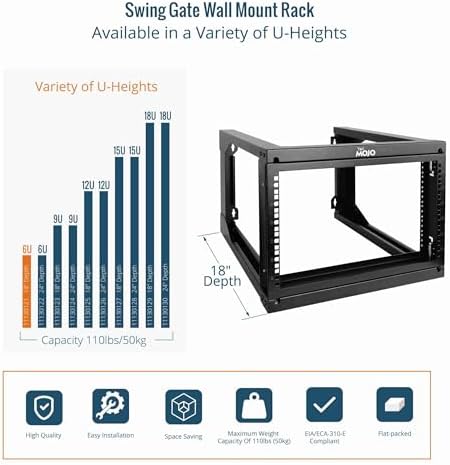 Tecmojo 6U Wall Mount Server Rack, Open Frame Network Rack for 19" Computer/AV/Data/IT/Media Equipment, 18" Depth, 16" Apart Mounting Holes, Swing Gate, Square and Tapped Holes - Image 5