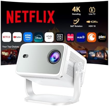 Outdoor Projector with Netflix Built-in, 4K Support Smart Projector 3500 Brightness with WiFi and Bluetooth, Auto Focus & Keystone, 360°Rotatable Stand Portable Movie Projectors for Home Theater by Huidunminipc
