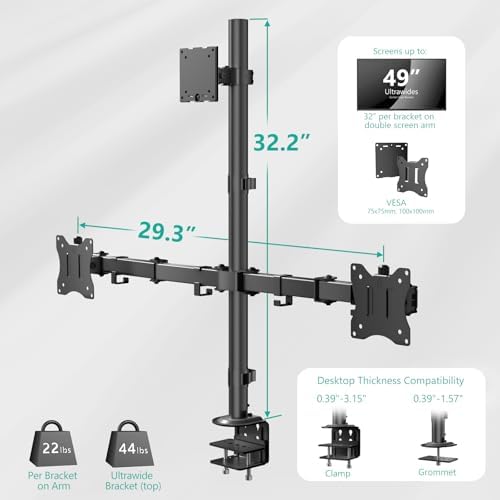 WALI Stacked Triple Monitor Mount for 49" Ultrawides and Dual 32" Monitors - Image 7