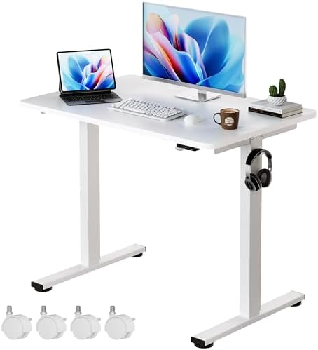 Okin Electric Standing Desk, 40 x 24 Inches Whole Piece Height Adjustable Desk, White Sit to Stand Desks Computer Workstation with Wheels for Home Office by Okin