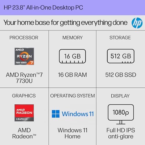 HP 24 inch All-in-One Desktop PC, FHD Display, AMD Ryzen 7 7730U, 16 GB RAM, 512 GB SSD, AMD Radeon Graphics, Windows 11 Home, 24-cr0032 (2024) - Image 2