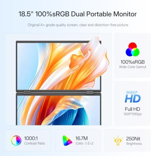 InnoView 18.5" 100Hz Dual Portable Monitor Built-in Speakers 115% sRGB 315°Adjustable Dual Stacked Folding Monitor (Wins/Mac) 1080P Laptop Screen Extender for Laptop(No Driver Needed) - Image 4