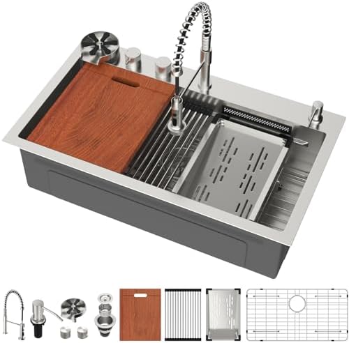 Mocoloo 30 Inch Honeycomb Waterfall Kitchen Sink Drop in, 30x19 Inch Stainless Steel Workstation Sink 16 Gauge Topmount Single Bowl Sink with Complete Kit by MocolooHome