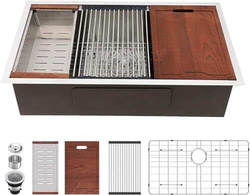 Lordear 32 Undermount Kitchen Sink 32x19 Inch Stainless Steel Kitchen Sinks Ledge Workstation 16 Gauge Single Bowl Under Counter Handmade Sink with Cutting Board by LORDEAR
