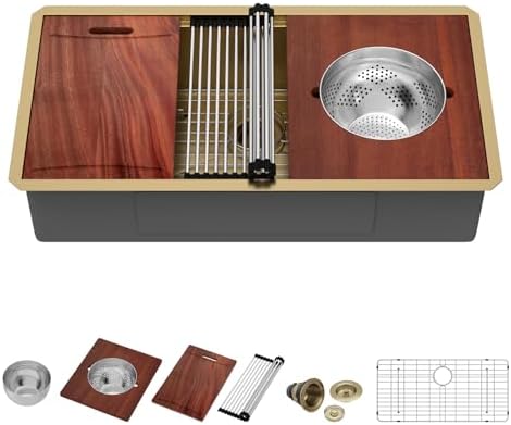 36x19 Gold Undemrount Workstation Kitchen Sink with Mixng Bowl by IOROYO