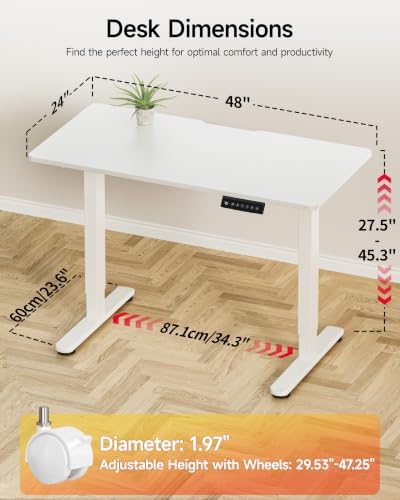 Okin Standing Desk Electric Adjustable Computer Whole Piece Stand up Desk with Wheels Office Gaming Home Office Memory Desks 48x24 inches White - Image 3