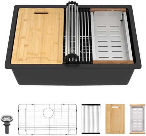 Lordear Undermount Kitchen Sink Composite Granite Sink Quartz Sinks Workstation 28 Inch Black Under Counter Kitchen Sinks 28x19 Inch by LORDEAR