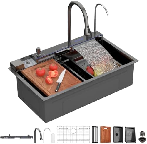 Lordear 33 Inch Black Drop In Smart Kitchen Sink with Waterfall Faucet by LORDEAR