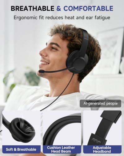 AOC USB Headset with Microphone for PC, Over-Ear Wired Headphones with Mic, Noise-Cancelling Boom, 40mm Audio Drivers, USB-A/C Compatibility for Office, Call Centers & Online Meetings (Black) - Image 3