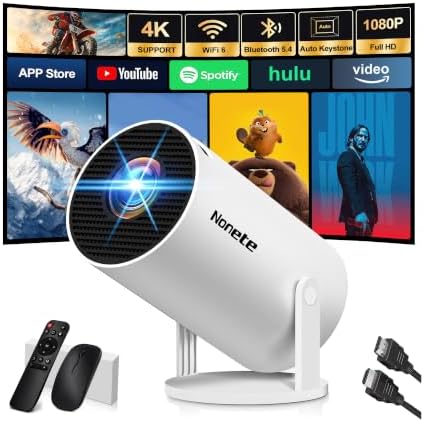 [Built-in Apps & 2026 Upgraded] Mini Projector with WiFi 6 and Bluetooth 5.2 Support 4K 1080P Auto Keystone 270° Rotatable Projector Portable Compatibile with HDMI/TV Stick/Memory Stick/Laptop, Black by NoneteProjector