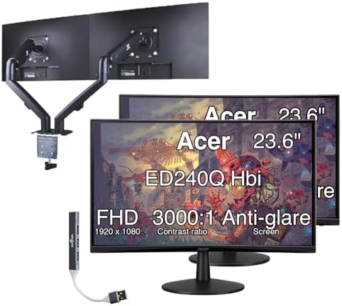 Acer Nitro ED240Q FreeSync FHD 1500R Curve Monitor ZeroFrame Design with 1ms Response Time, VESA Mount (100mm), VGA, HDMI & Dockztorm Hub, Black (UM.UE0AA.H01) & ErgoFlexy Dual Monitor Mount (2Pack) by Unknown