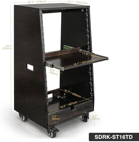 Sound Town DIY Slanted 16U Studio Rack (8U Top + 8U Lower) with 2U Bottom Storage, Slide-Out Tray, Casters, for Home Studio and Recording Room, Birch Plywood, Black Espresso (SDRK-ST16TD) - Image 4