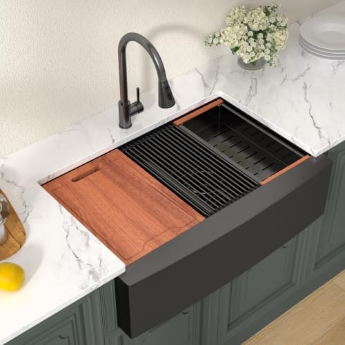 Lordear Matte Black Double Bowl Farmhouse Kitchen Sink Apront Front - Image 7