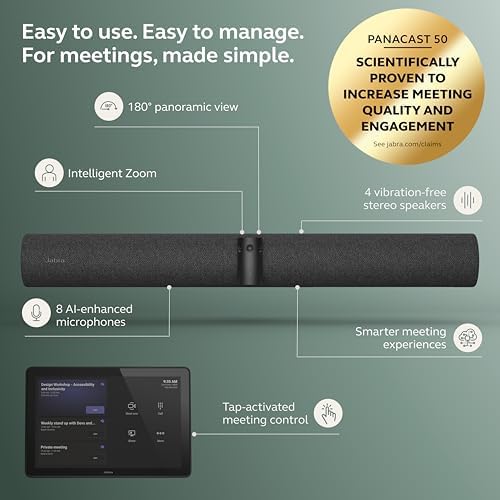 Jabra PanaCast 50 Video Bar System - All-in-one Meeting Room Solution, Audio bar, 180° Full-Room Webcam, Intelligent AI-Enabled Features, and PanaCast Control Touchscreen - MS Teams Certified - Black - Image 2
