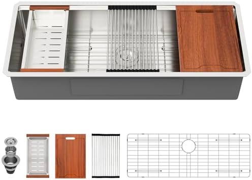 Lordear 45 Inch Undermount Kitchen Sink Super Large Ledge Workstation T304 16 Gauge Stainless Steel Single Bowl Under Counter Kitchen Sink with Built-in Accessories 45''x19''x10'' by LORDEAR