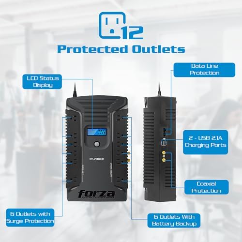 Forza UPS 1000VA/600W Line Interactive Uninterrupted Battery Backup Supply, 12 Outlets, AVR, LCD Screen, USB, Coaxial, 3 Year Warranty 120V (HT-1000LCD) | UPS interactiva - Image 2