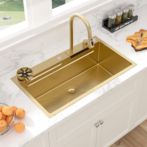 Sarlai 33 Inch Waterfall Kitchen Sink - 33x19 Gold Waterfall Drop In Sink Workstation Stainless Steel 16 Gauge Sink Multifunction Single Bowl Smart Top Mount Kitchen Sinks with Faucet Combo - Image 2