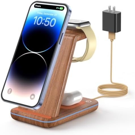 GEEKERA Wireless Charger, 3 in 1 Wireless Charging Station for iPhone Air/17/16/15/14/13/12/11, Phone and Watch Charger Stand for Apple Watch Ultra 3-2/11-2/SE, AirPods Pro/4/3/2, Dark Wood by GEEKERA