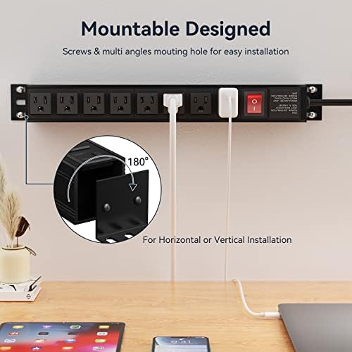 Heavy Duty Power Strip,8 Outlet Metal Power Strips Wall Mount, 1.6 inch Wide Spaced Industrial Surge Protector, Garage Outlet for Shop Workshop Power Strip with Switch & 6 FT Extension Cord, 300J - Image 6