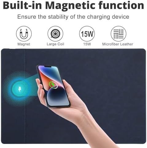 Magnetic Wireless Charging Desk Mat, 23.4''x15.6'' Large Office Mouse Pad, Microfiber Leather Mouse Mat with Ultra-Smooth Surface, Waterproof Computer Keyboard Desk Mat for Office & Home, Laptop, Blue - Image 2