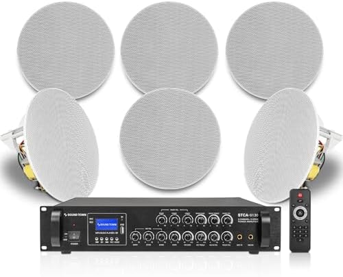 Sound Town Commercial Sound System Set with a 3-Zone Low-Impedance Bluetooth Amplifier, 6 x 6.5“ Coaxial in-Ceiling Flush Mount Speakers, White (STCA6130X6CS6N) by SOUNDTOWN
