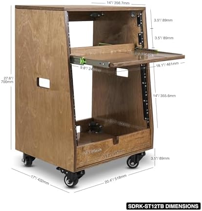 Sound Town DIY Slanted 12U Studio Rack (4U Top + 8U Lower), with 2U Bottom Storage, Slide-Out Tray, Caster, Plywood, Weathered Brown for Recording Room, Home Studio (SDRK-ST12TB) - Image 5