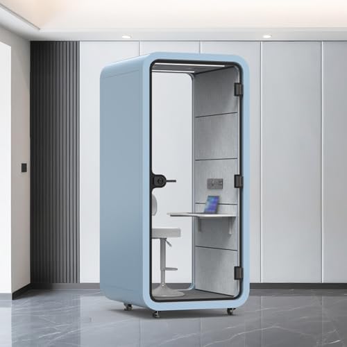 Quiet Meeting Pod with Acoustic Panels, Mobile Office Pod Booth, Built-in Ventilation System, Mobile Focus Room with Wheel&LED Lighting for Private Phone Calling(Blue,110cm) by Unknown
