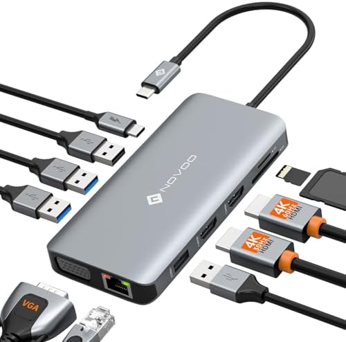 USB C Docking Station Dual HDMI Adapter, 11 in 1 Multi Display Docking Station Dual Monitor with 2 HDMI, VGA, 100W PD, 4 USB, USB C Hub Multiport Dongle Compatible with MacBook/Dell/HP/Lenovo Laptops by NOVOO-ForYourHomeOffice