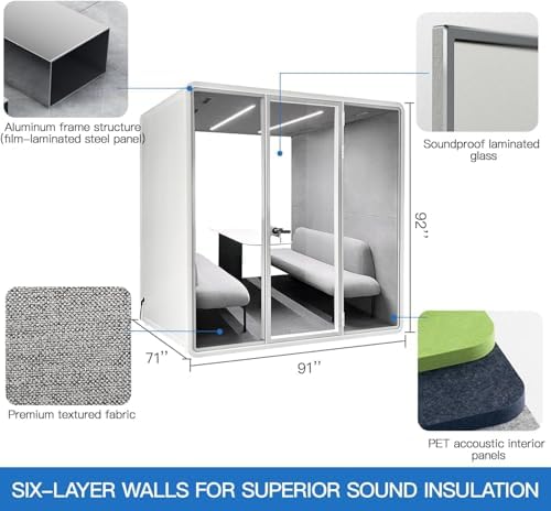 Soundproof Office Pod Booth, Quiet Meeting Pod with Acoustic Panels, Sound Proof Room with Desk, Portable Removable Working Booth for Private Phone Calling, Study, 4 to 6 People L Size H92in W91in D70 - Image 2