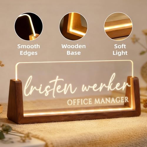 Personalized Light Up Acrylic Desk Name Plate - Custom Name Plate for Desk with Walnut Wood Base - Appreciation Office Gifts for Employees, Teacher, Social Worker (Carving - 1) - Image 7