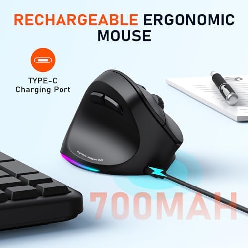 MEETION Left-Handed Wireless Ergonomic Vertical Mouse, Rechargeable - Black - Image 6