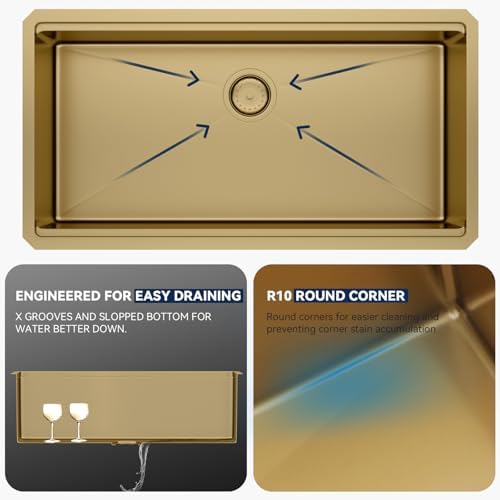Lordear Gold Undermount Kitchen Sink 36" x 19" Stainless Steel Sinks 16 Gauge Single Bowl Ledge Workstation Handmade Under Counter Kitchen Sink Basin with Built-In Accessories - Image 4