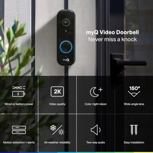 Chamberlain myQ Video Doorbell | 2K Camera, Battery/Wired, Color Night Vision, Live with 2-Way Talk, Motion Detection & Real-Time Alerts, 150 Deg Wide View, Black - Image 2