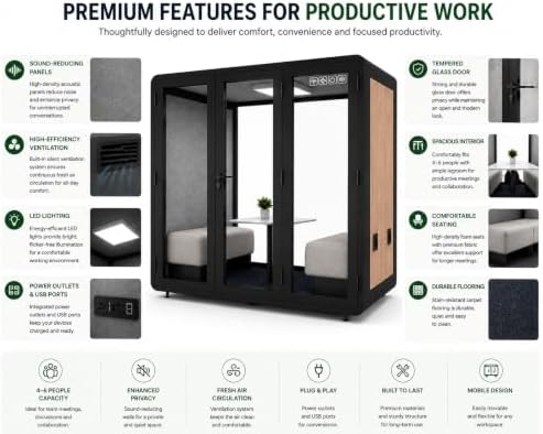 Mobile Office Pod for 4–6 People, Sound-Reducing Meeting Booth with Glass Door, Ventilation, LED Lighting & Power Outlets - Image 5