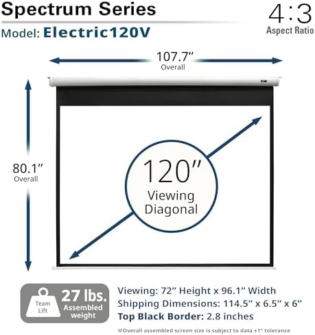 Elite Screens Spectrum 120-Inch 4:3 Electric Motorized Projector Screen, 4K/8K Ultra HD Ready, Home Theater, Classroom & Office, White Case, ELECTRIC120V - Image 2