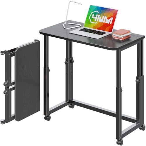 4NM No Tool Assembly 27.5" Small Desk, Folding Portable Desk with Wheels, Foldable Computer Home Office Desks, Collapsible Study Writing Table for Space Saving Bedroom - All Black by 4NM