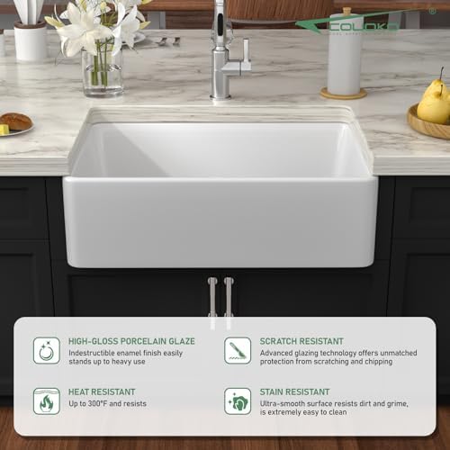 White Farmhouse Sink 30 Inch Fireclay Apron Front Farm Sink 30"x20"x9" Glossy White Porcelain Farms House Style Single Bowl Farmhoues kitchen Sinks with Luxury Accessories - Image 6