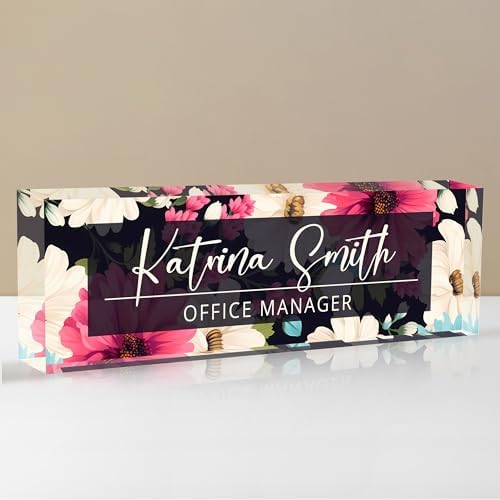 Personalized Name Plate for Desk, Custom Desk Name Plate, Acrylic Name Plate Office Desk Accessories, Personalized Office Gifts for Coworkers Teachers, Employee Appreciation Gifts (C-Dark Floral) by EOBIBIFUN