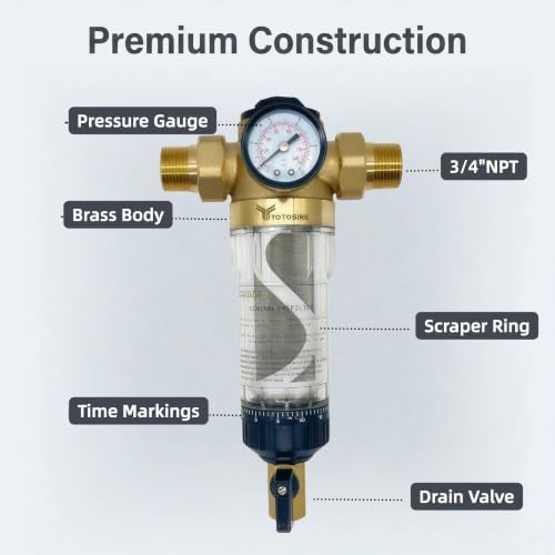 Upgraded Brass Spin Down Sediment Water Filter with Pressure Gauge, NPT3/4,50/100/200 Micron SS Mesh, pre Filter for City Water & Well Water, Low Pressure Drop, Self-Cleaning Scraper Ring - Image 3