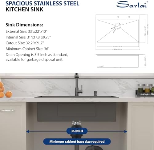 Sarlai 33 Black Kitchen Sink with Faucet- 33x22 Inch Drop In Kitchen Sink Gunmetal Black Ledge Workstation Sinks 16 Gauge Stainless Steel Single Bowl Topmount Sinks Basin with Pull-out Faucet - Image 7