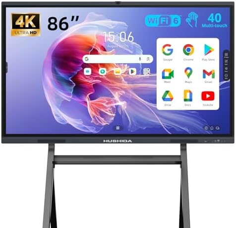 86" Smart Board Google EDLA-Certified 4K Interactive Whiteboard SmartBoard for Classroom & Office Business, Android 14 Touchscreen with 13MP AI Camera 8G RAM+64G ROM, 40-Points, Wall Mount Included by HUSHIDA