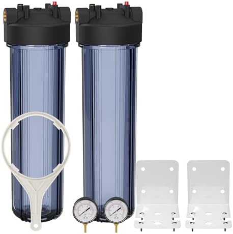 Max Water 20" x 4.5" Whole House Water Filter Housing – Fits Standard Large Blue Filters – 1 inch Inlet/Outlet Ports with Pressure Gauge Wrench and Bracket (2 Housing + 2 Pressure Gauge) by MaxWater