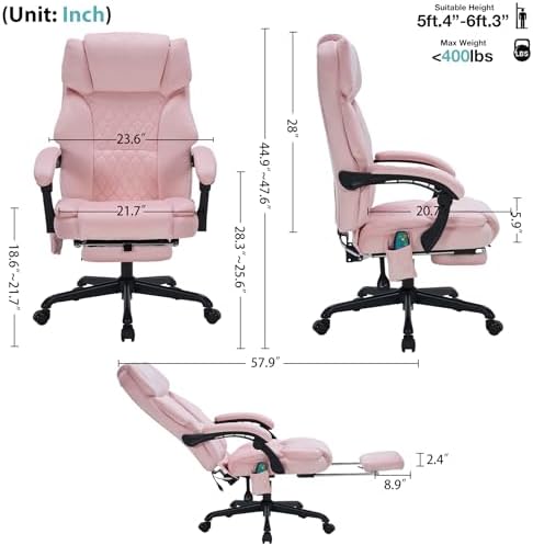 Massage Office Chair with Foot Rest 6 Points Vibration and Heat Home Office Desk Chairs for Heavy People 400lbs Reclining Managerial Chairs Ergonomic Executive Chair (Pink) - Image 2